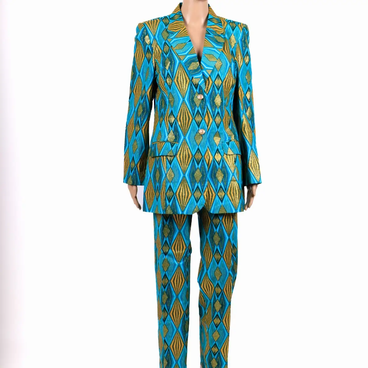 Tailleur vert et bleu