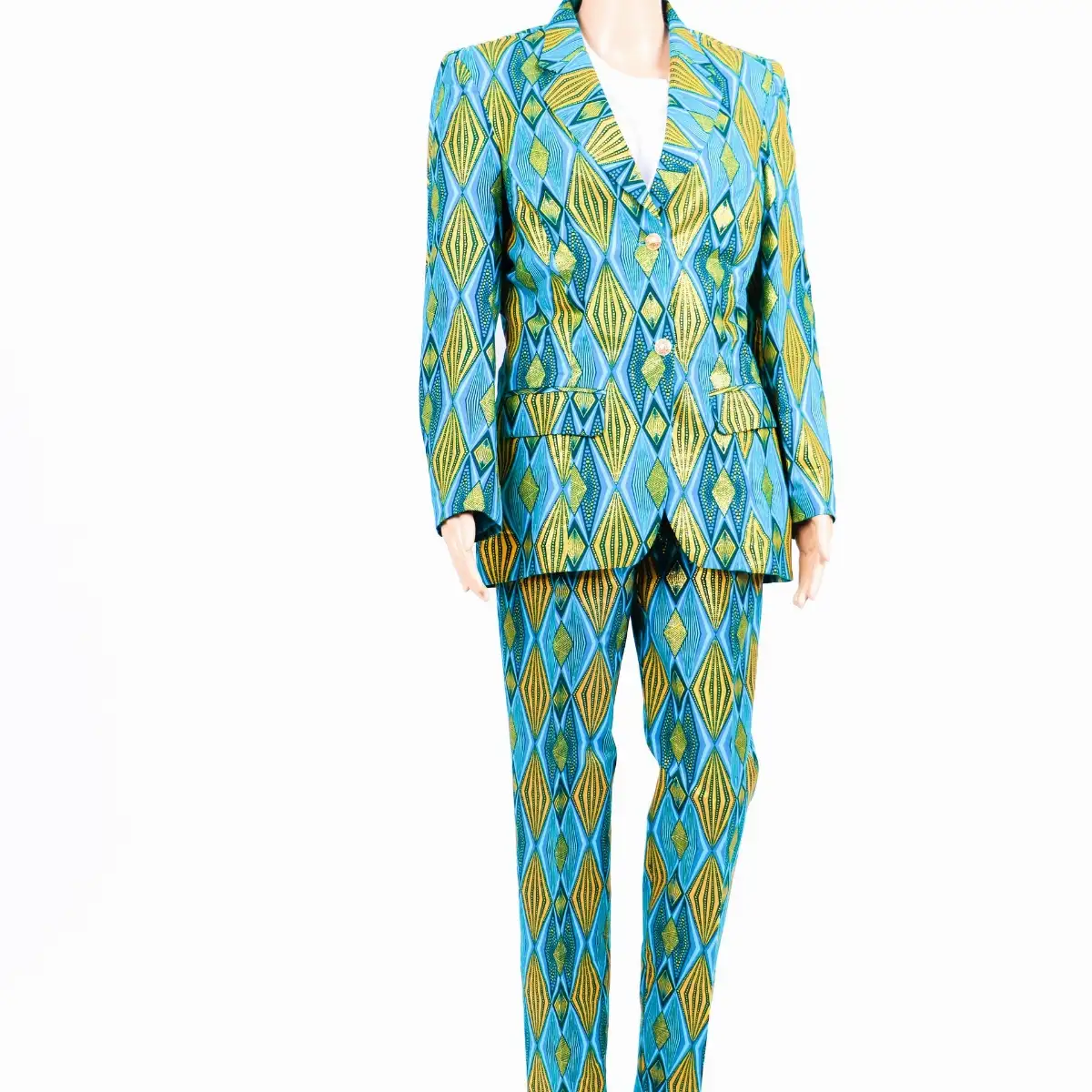 Tailleur vert et bleu