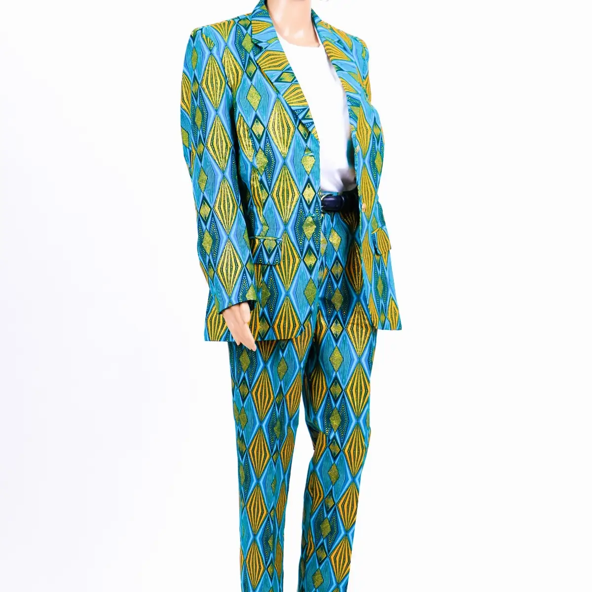 Tailleur vert et bleu