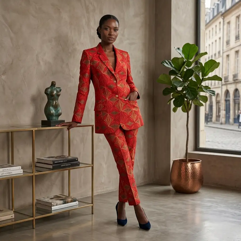 Veste rouge aux motifs losanges en wax