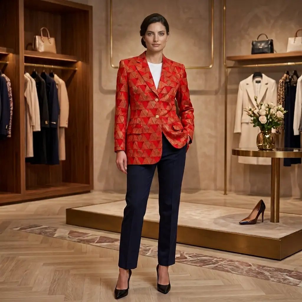 Veste rouge aux motifs losanges en wax