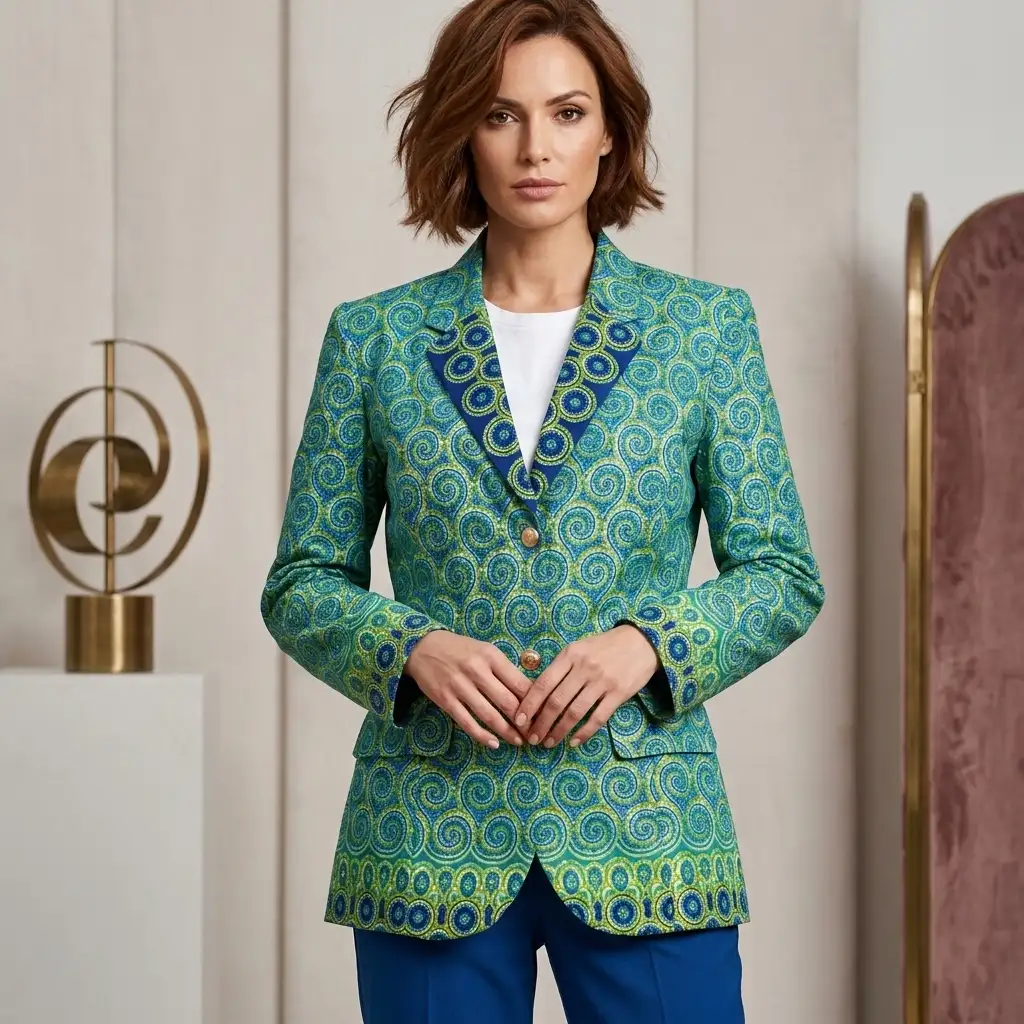 Veste turquoise aux motifs nuancés en wax