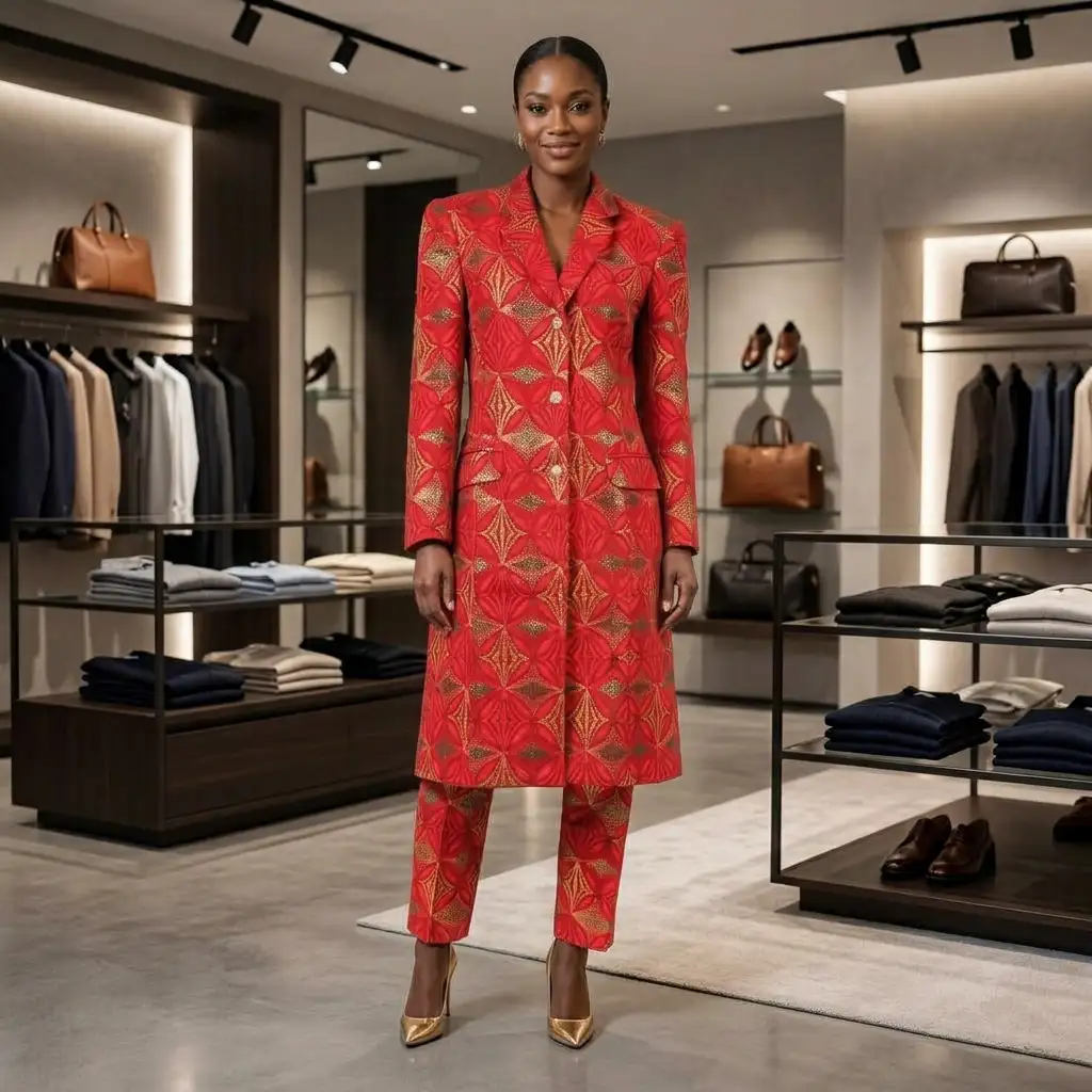 Tailleur veste longue rouge en wax