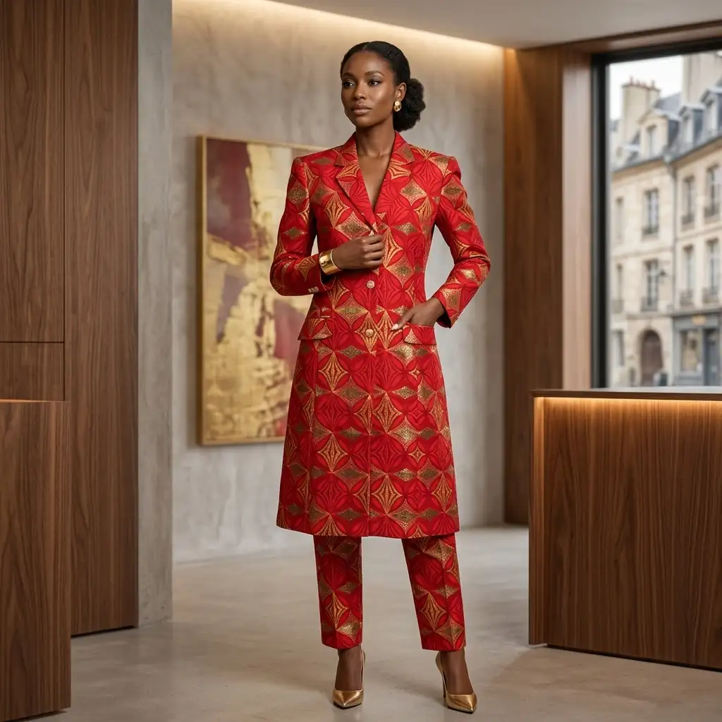 Tailleur veste longue rouge en wax