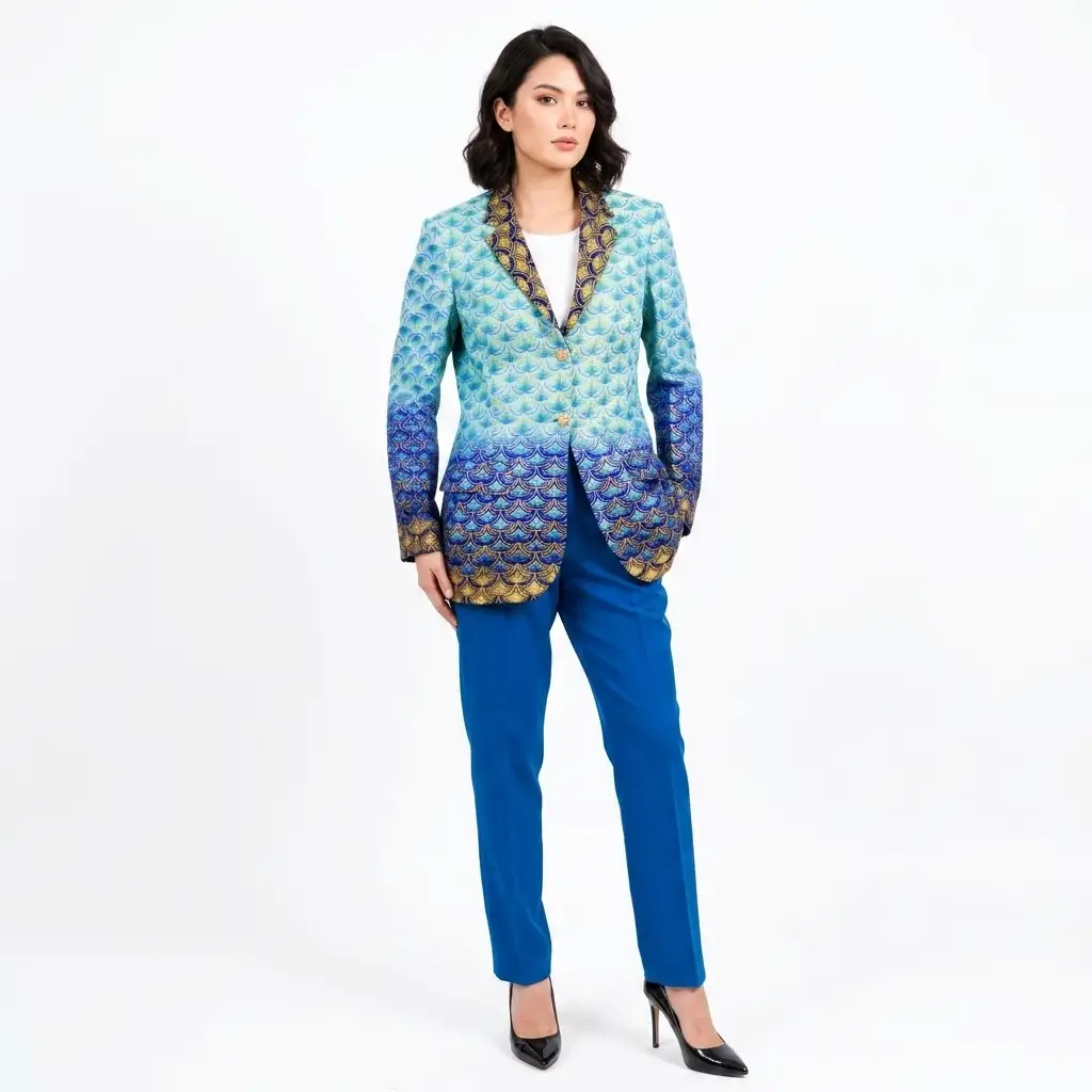 Veste contrastes de vert-bleu-doré en wax