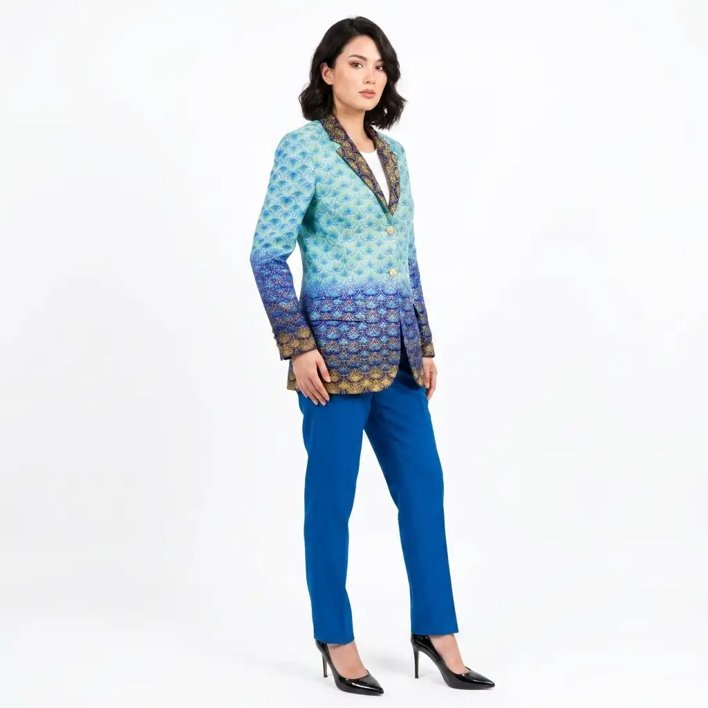 Veste contrastes de vert-bleu-doré en wax
