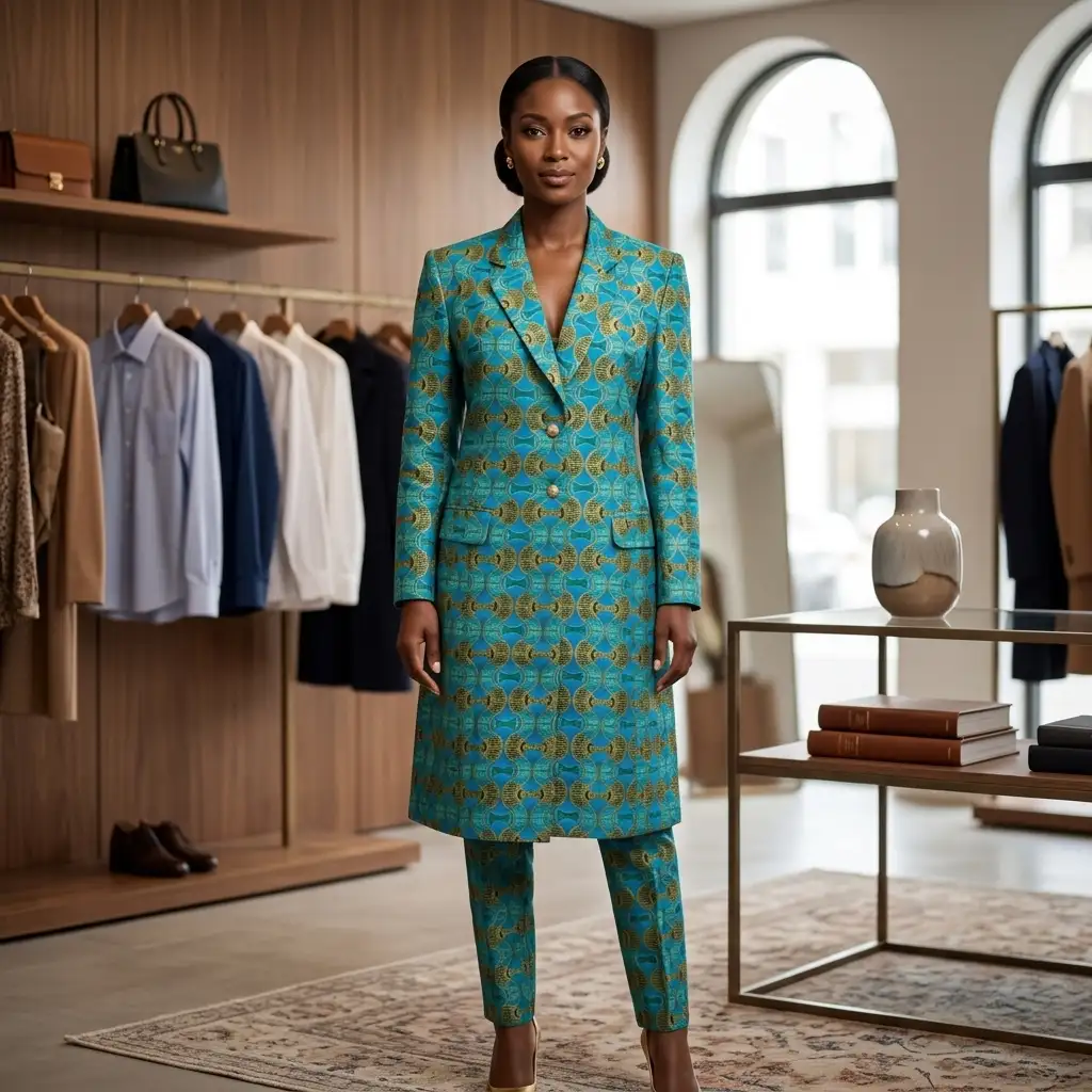 Tailleur veste longue turquoise en wax - sur commande