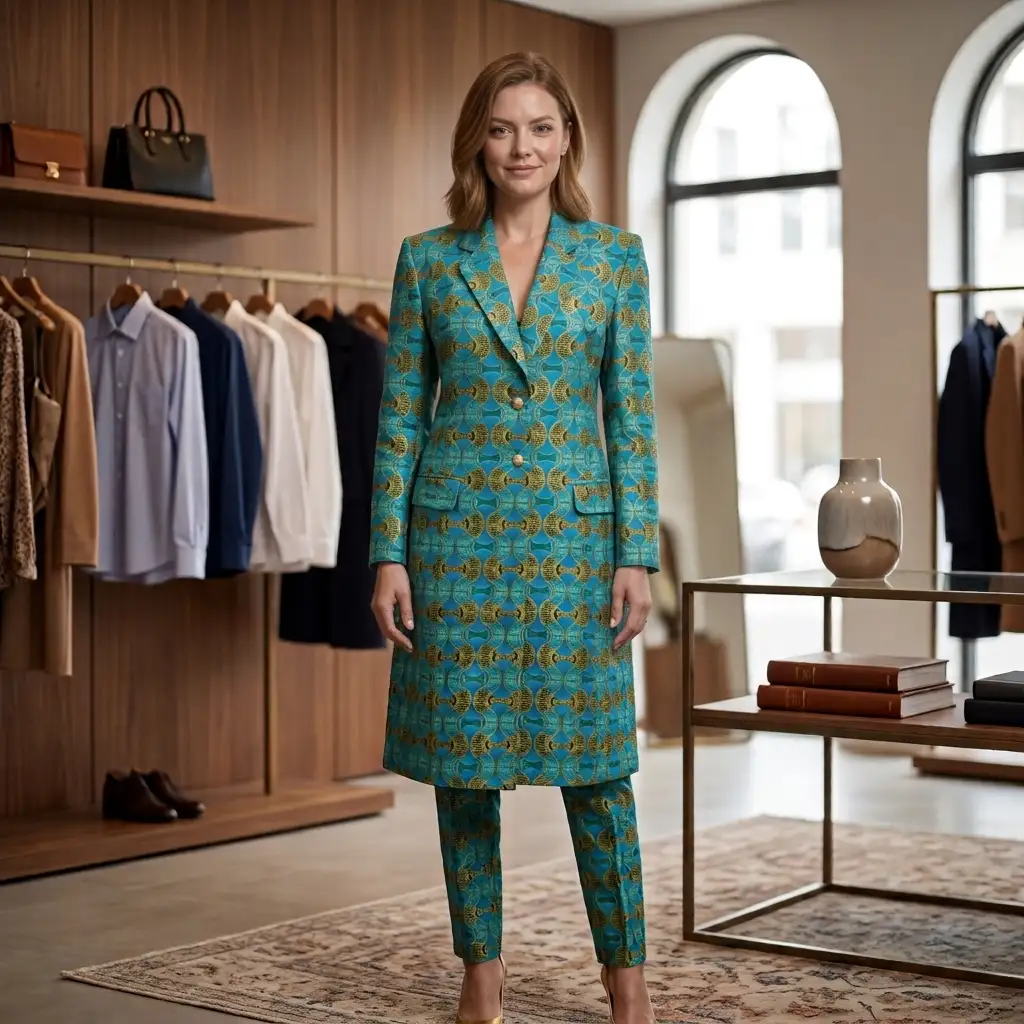 Tailleur veste longue turquoise en wax - sur commande