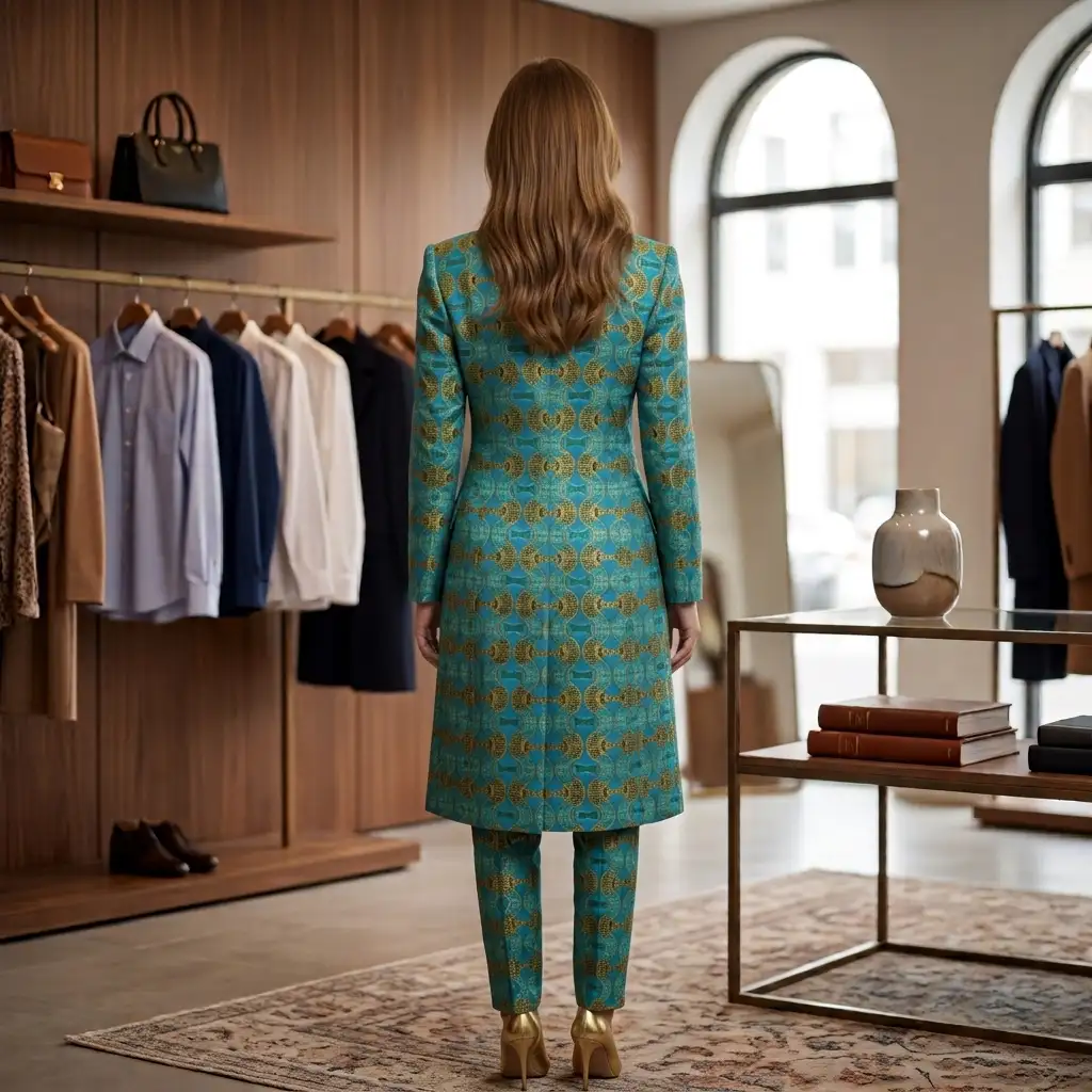 Tailleur veste longue turquoise en wax - sur commande