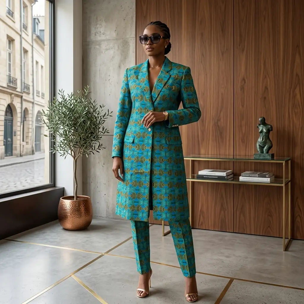 Tailleur veste longue turquoise en wax - sur commande