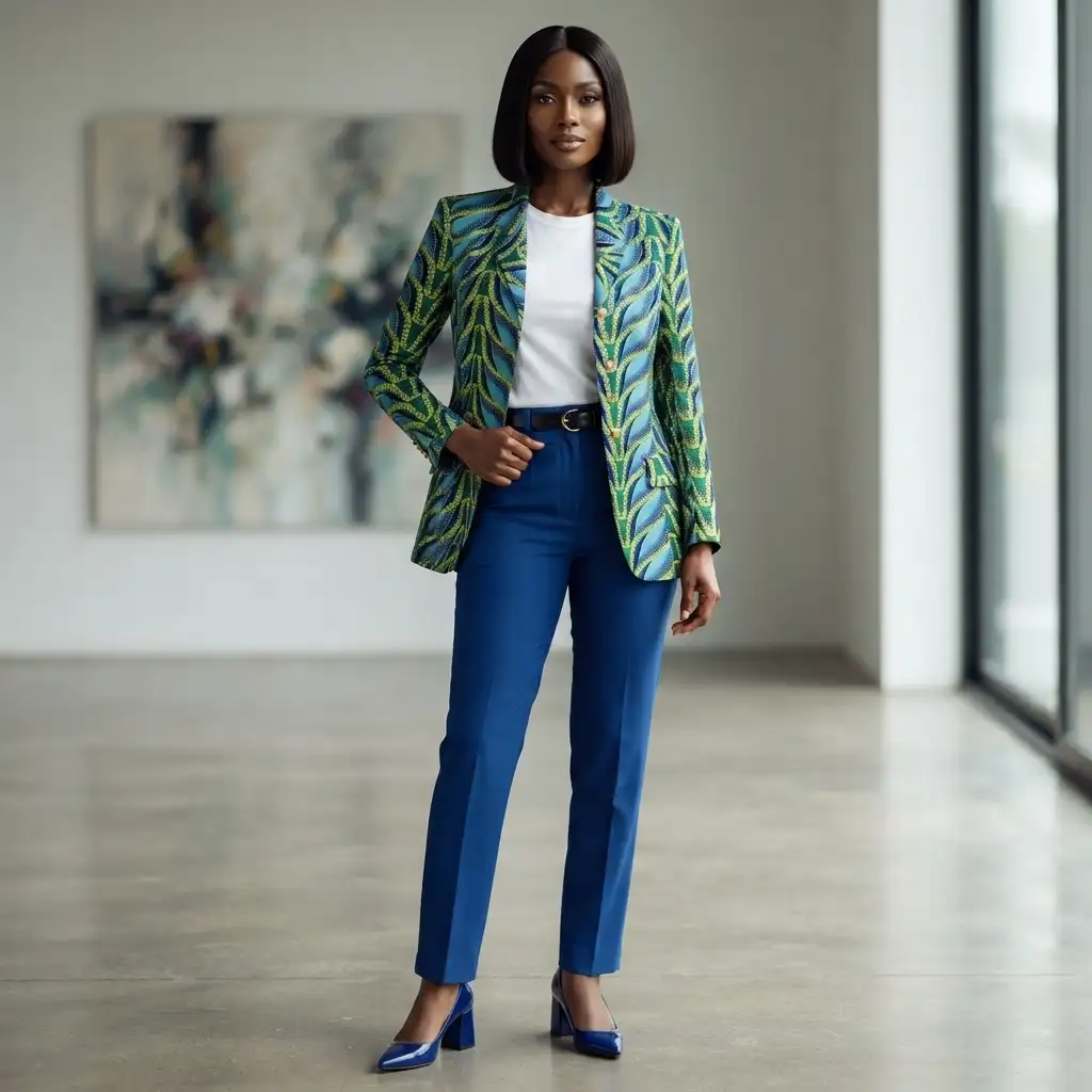 Veste verte aux motifs bleus & dorés en wax