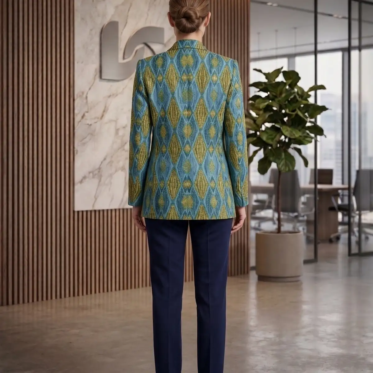 Veste turquoise aux motifs losanges & or en wax